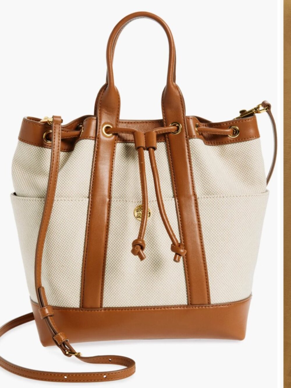 Veronica Beard Goody Drawstring Canvas Crossbody Bag- Ivory/Brown/Gold